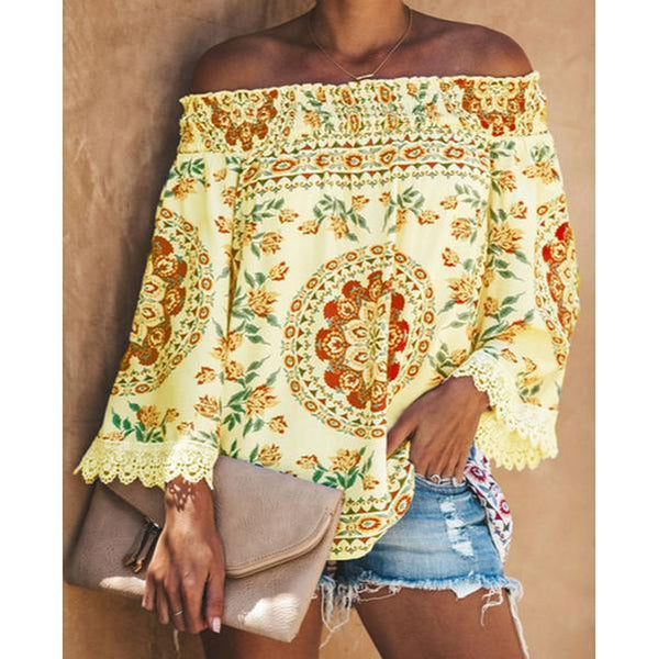 Vintage Printed Off Shoulder Blouses