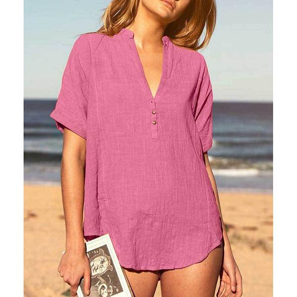 Loose V Neck Solid Color Summer Casual Blouse