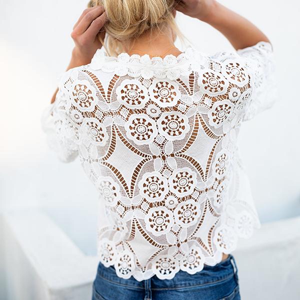 Chic Lace Hollow Short Sleeve Blouse