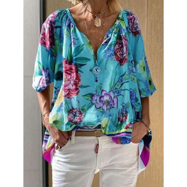 Floral Printed V-Neck Mid-Length Half Sleeve Blouse