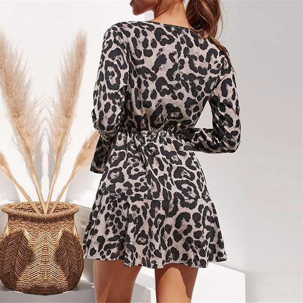 Summer Chiffon Dress Women Leopard Print Boho Ruffle Long Sleeve A-line Mini Party Dress