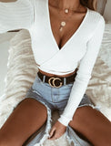 2022 Summer Women Slim T-shirt Black White Khaki Long Sleeve T shirt Cross V-neck Sexy Crop Top