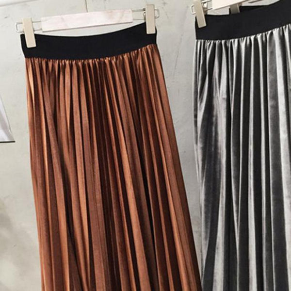 Spring 2022 Women Long Metallic Silver Maxi Pleated Skirt Midi Skirt High Waist Elascity Casual Party Skirt