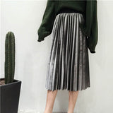 Spring 2022 Women Long Metallic Silver Maxi Pleated Skirt Midi Skirt High Waist Elascity Casual Party Skirt