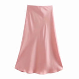Solid Satin Elastic waist Women Midi Skirt  New Fashion Casual Lady Slim A-Line Skirts