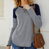 Female Plus Size Autumn New Shirs Tops Women's Casual Color Block Round Neck  Long Sleeve Loose Fashion stitching Pullover Tops