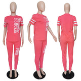 New Pink Letter Print Women Two Piece Set Casual Sport Tracksuit Short Sleeve Top + Jogger Sweatpant Suit Plus Size Outfits 3XL