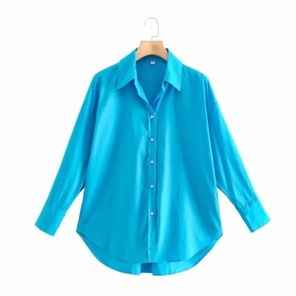 New Women Simply Candy COlor Single Breasted Poplin Shirts Office Lady Long Sleeve Blouse Roupas Chic Chemise Tops