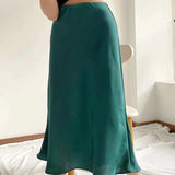Solid Satin Elastic waist Women Midi Skirt  New Fashion Casual Lady Slim A-Line Skirts