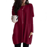 Women Long Sleeve Round Neck Pullover Loose Solid Color Pocketed Tunic Top
