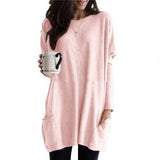 Women Long Sleeve Round Neck Pullover Loose Solid Color Pocketed Tunic Top