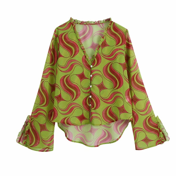Hot Sale Women Geometric Printing Chiffon Shirt Female Split Flare Sleeve Blouse Casual Lady Loose Tops