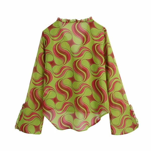 Hot Sale Women Geometric Printing Chiffon Shirt Female Split Flare Sleeve Blouse Casual Lady Loose Tops