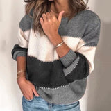 Women's autumn and winter new solid color stitching knit sweater top casual contrast color round neck sweater women