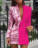 Women Autumn Fashion Long Sleeve Casual Short Dress Sequins Colorblock Double Breasted Blazer Dress Office Lady Work Dress