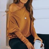 Women Casual Long Sleeve Off Shoulder Blouse Shirt Autumn Elegant Solid Skew Collar Pullover Tops Streetwear Female Shirt Blusas