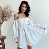 Women Solid Color A-Line Dresses Robe Femme Shrinkage Ruffles Slash Neck Off Shoulder Long Sleeve Mini Dress