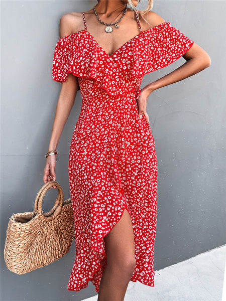 Women Chic Floral Pint High Split Sexy V-neck Party Maxi Dresses