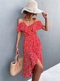Women Chic Floral Pint High Split Sexy V-neck Party Maxi Dresses