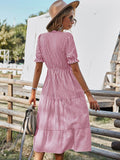 Women Elegant Striped Lantern Sleeve Summer Dress Causal V-neck Button Ruffles Party Maxi Dress