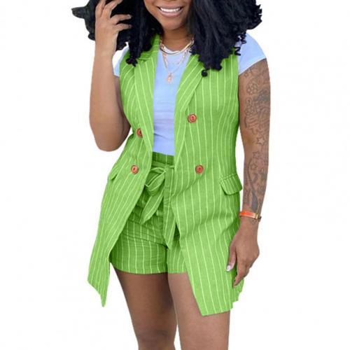 2Pcs/Set Women Vest Suits Sleeveless Stripe Pattern Colorful Two Piece Set Women Summer Suit Vest Jacket with Belt for Daily