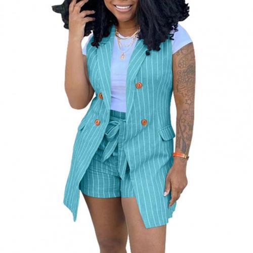 2Pcs/Set Women Vest Suits Sleeveless Stripe Pattern Colorful Two Piece Set Women Summer Suit Vest Jacket with Belt for Daily