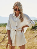 2 Pieces Women Summer New Long-sleeved White Shirt Top Cotton Linen Shorts