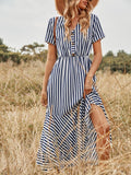 V Neck Short Sleeve Stripe Print Casual High Waist Slim Bohemia Maxi Dress