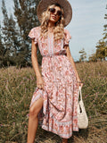 Summer Floral Print Long Dress Women Sweet  V Neck High Waist A-line Boho Maxi Dress