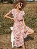 Summer Floral Print Long Dress Women Sweet  V Neck High Waist A-line Boho Maxi Dress