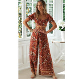 2 PCS Set Vintage Floral Print Suit Women Crop Tops Shirt Wide Leg Trousers Boho Two Piece Sets