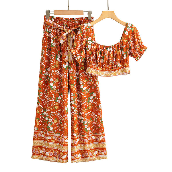2 PCS Set Vintage Floral Print Suit Women Crop Tops Shirt Wide Leg Trousers Boho Two Piece Sets