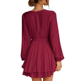 Women Sexy V-neck Ruffles Tie-up Long-sleeved Solid Color Dress Casual A-line Mini Skirt Dress