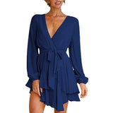 Women Sexy V-neck Ruffles Tie-up Long-sleeved Solid Color Dress Casual A-line Mini Skirt Dress