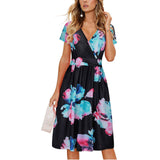 Women's Summer Short Sleeve V-Neck Floral Short Party Dress with Pockets Mini Dress