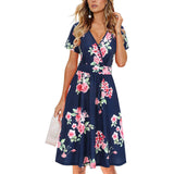 Women's Summer Short Sleeve V-Neck Floral Short Party Dress with Pockets Mini Dress