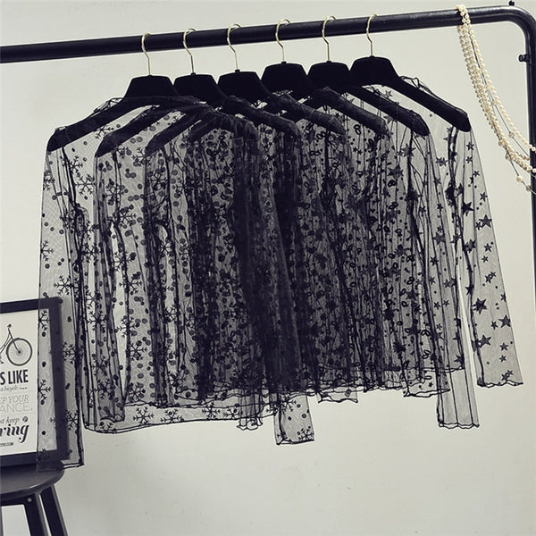 Sexy Women Lace  mesh  See-through Long Sleeve Shirt Blouse