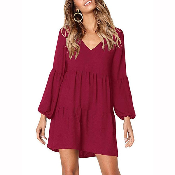 Spring Summer Fashion Women  Sexy Casual  Long Sleeve V-Neck  Black Wine Red Mini Dresses