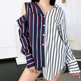 Women New White & Blue Striped Long Cut Out Sleeves Shirts