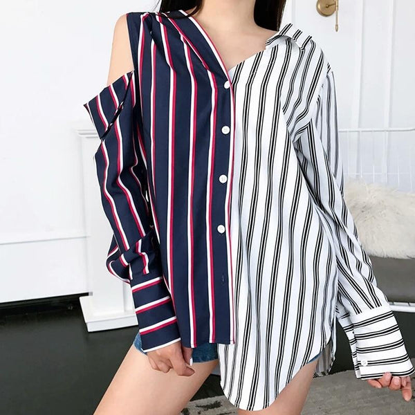 Women New White & Blue Striped Long Cut Out Sleeves Shirts