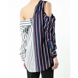 Women New White & Blue Striped Long Cut Out Sleeves Shirts