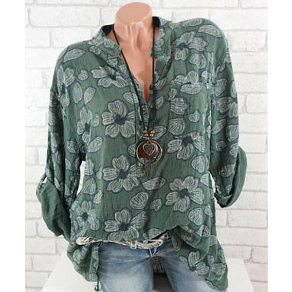 Women Casual Floral Print Long Sleeve V Neck Blouse