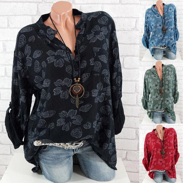 Women Casual Floral Print Long Sleeve V Neck Blouse