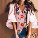 V Neck Flower Printed Ruffle Sleeve Blouse