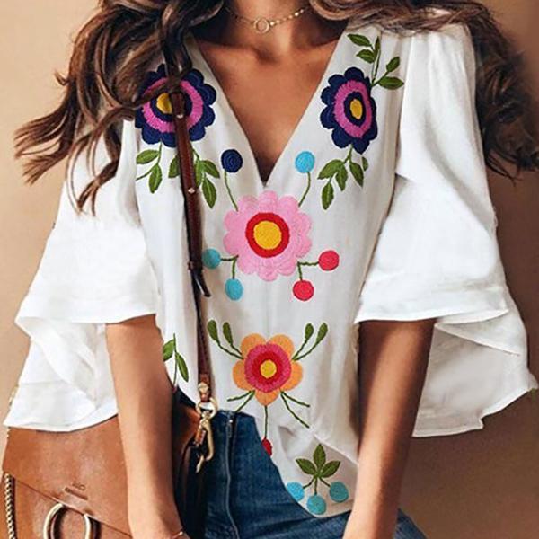 V Neck Flower Printed Ruffle Sleeve Blouse