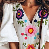 V Neck Flower Printed Ruffle Sleeve Blouse